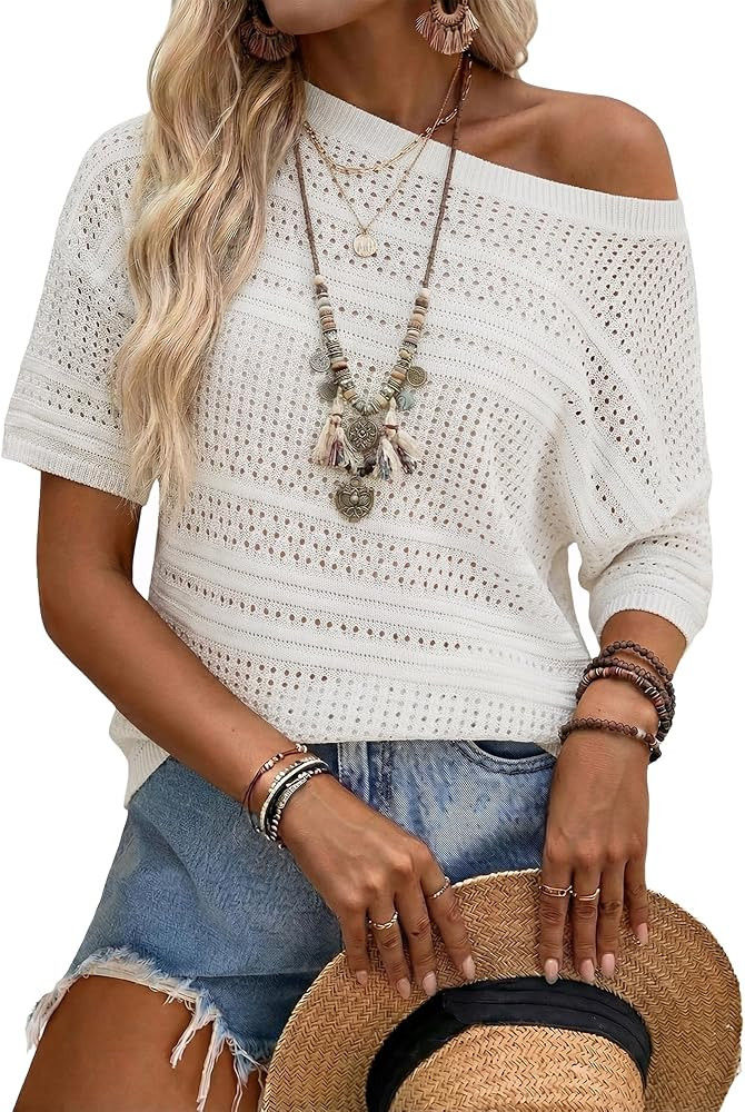 Arach&Cloz Womens Summer Linen Blend Crochet Tops Short Sleeve Sweater Boho Casual Shirts Beach R... | Amazon (US)