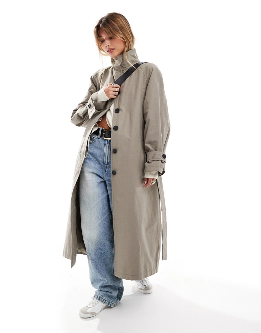 ASOS DESIGN funnel neck oversized longline trench coat in mushroom-Neutral | ASOS (Global)