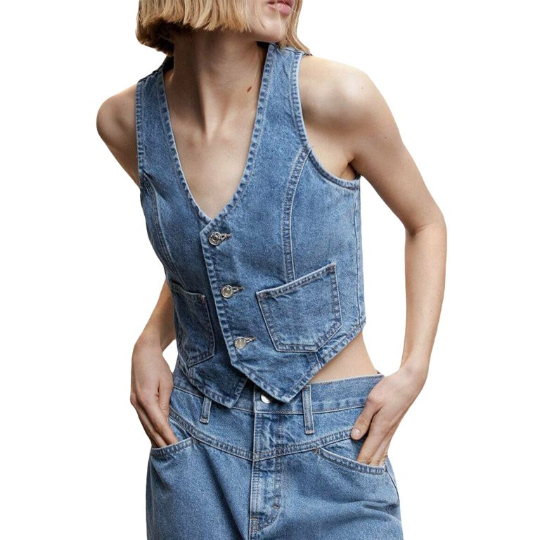 Bangyeer Women Button Down Denim Vest Sleeveless Crop Top Low Cut Strapless Jean Corset Bustier | Walmart (US)