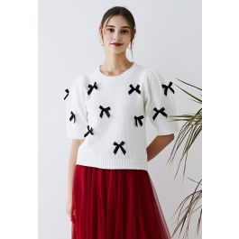 Bowknot Embellished Short Sleeve Knit Sweater in White | Chicwish