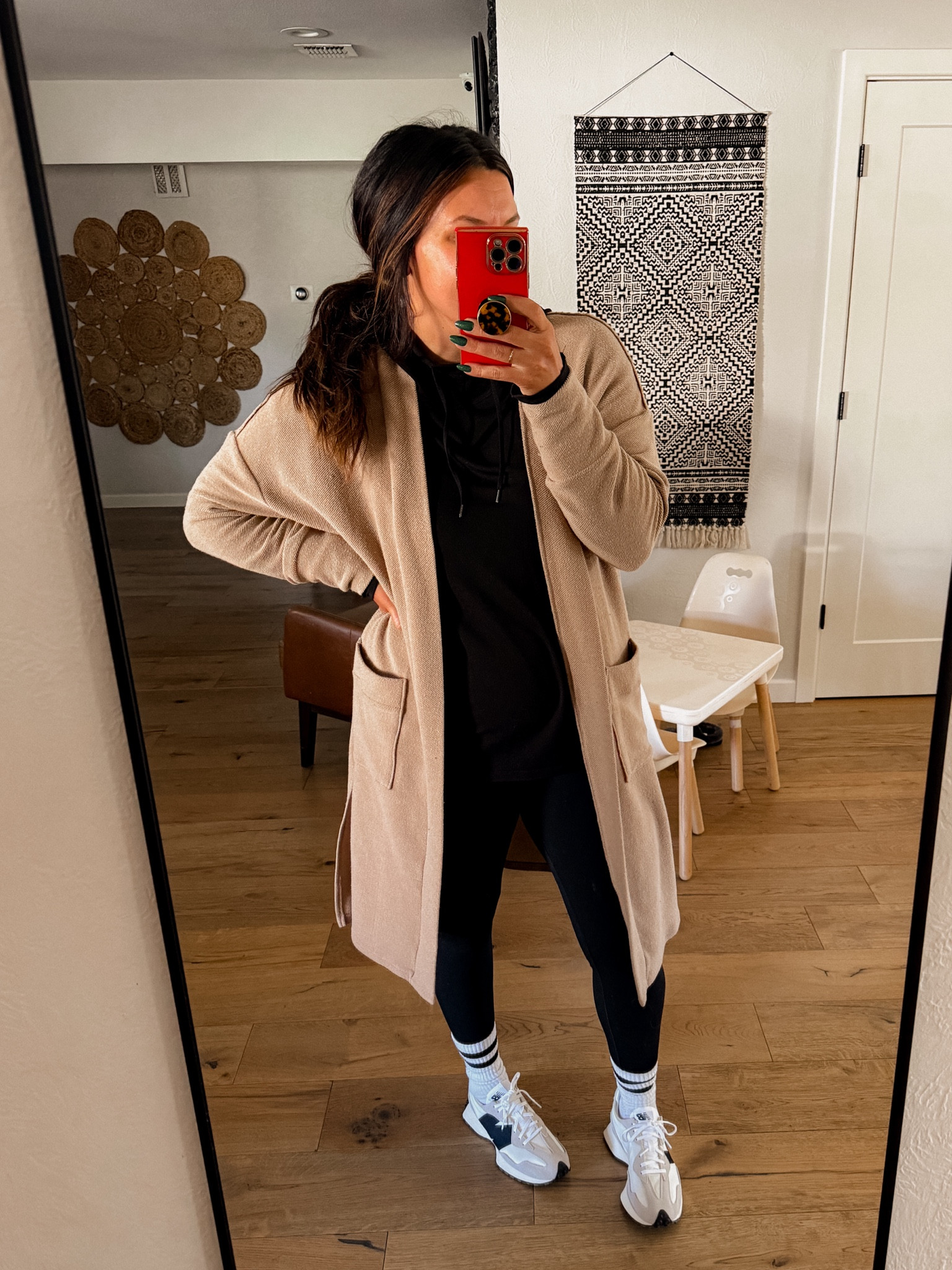 My cardigan is old, but found a super similar one. 
Pullover hoodie: XXL
Leggings: Large
Shoes: TTS