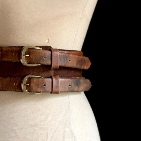 Wide Leather Boho Belt // 60s 70s  leather belt Double Buckle NOVELTY Waist Cincher belt braided ... | Etsy (US)