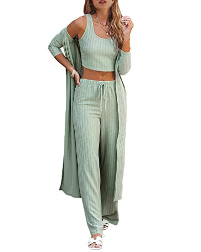Fessceruna Womens 3 Piece Lounge Sets Pajamas Knit Long Sleeve Cardigan Crop Top Wide Leg Pants L... | Amazon (US)