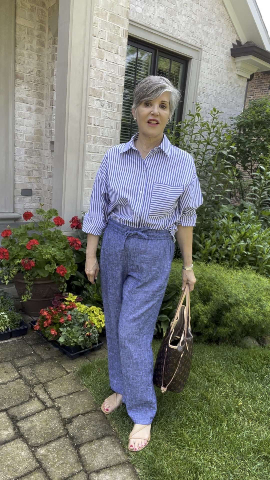 Great blue striped oversized shirt (S), linen pants, fun bag.
#chicstyle
#casualsummerlook
#linenpants

#LTKunder50 #LTKSeasonal #LTKsalealert