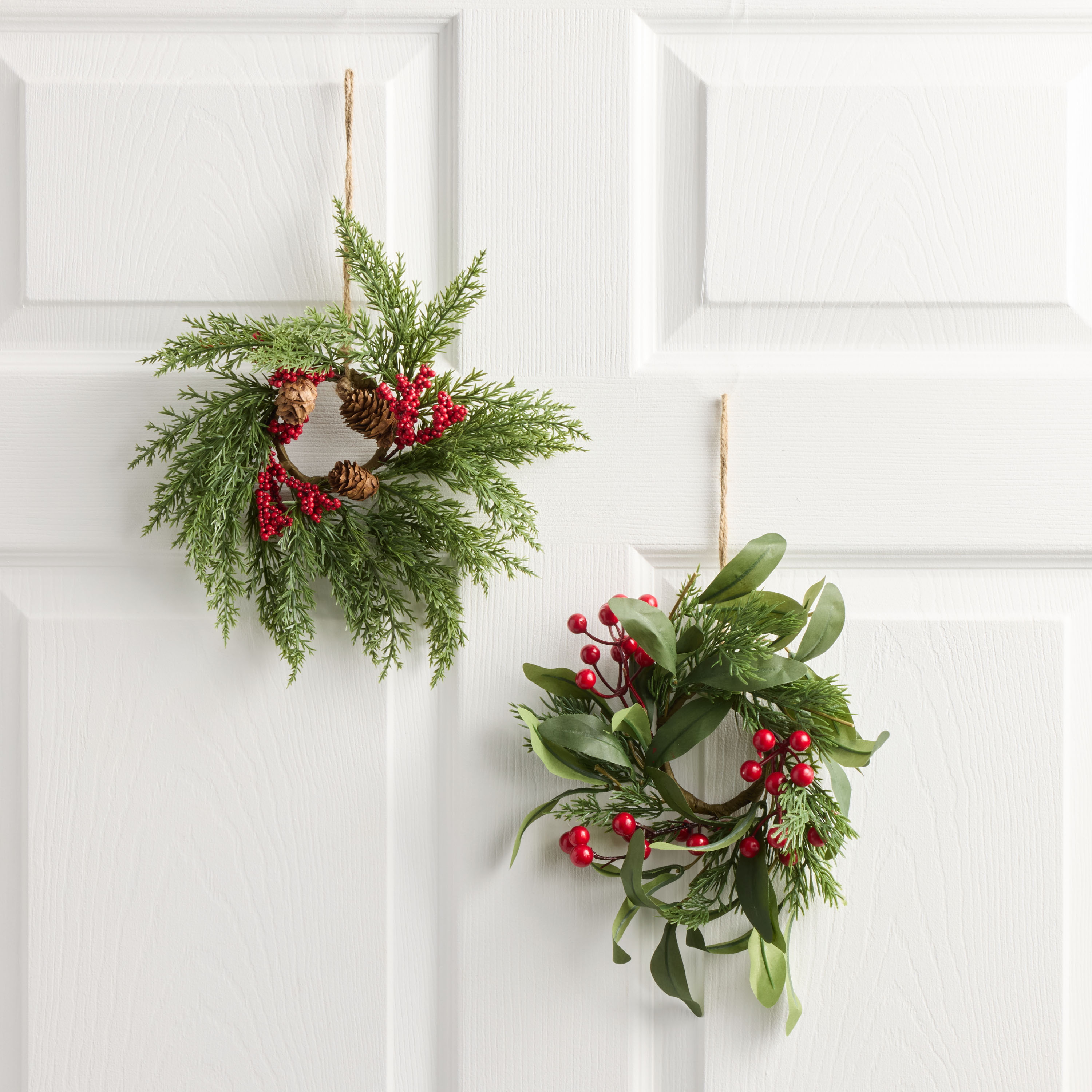 Mini Green Faux Pine and Red Berries Wreaths Set of 2 | World Market