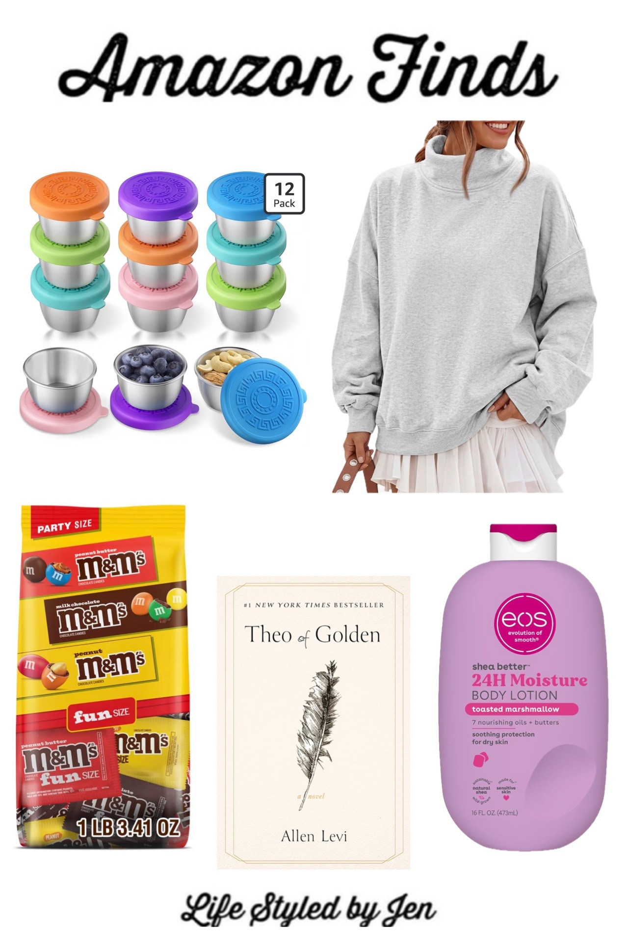 Time for this week’s Amazon Finds - five items from Amazon that are definitely worth checking out! 🎉

✔️ 12 Pack Stainless Steel Containers with Lids - if you ever take snacks on the go or pack lunches, these are super convenient. They’re a smaller size to hold snacks or condiments, and they keep the contents cold for hours. I personally like these for taking fruit or trail mix on the go - super easy to even pop in my purse. Excellent price also!

✔️ Trendy Queen Mock Neck Pullover - mock necks are having a major moment this season, and this newer release currently ranks amongst Amazon’s top sellers in apparel. Tons of color options available in this soft pullover that can be styled a variety of ways.

✔️ M&Ms Variety Pack - this is always a best seller every Halloween season since it’s hard to find other times of the year. If you’re a M&M fan, this is a tasty mix to even have on hand any time you have a sweet tooth - the fun size packs are easy to grab & go. Excellent price right now!

✔️ Theo of Golden - it was finally time for my Book Club to read Theo of Golden this month, and I fell in love with this beautiful book. Truly, a book about the goodness of humanity and the power of kindness. If you haven’t read this yet and could use something uplifting in your life, read this beautiful story. Absolutely loved the characters as well. 

✔️ eos Toasted Marshmallow Shea Butter Body Lotion - new seasonal scent in this ongoing best seller that moisturizes skin so well! A perfect fragrance for the season that has notes of caramelized sugar, marshmallow fluff, and campfire vanilla. 🔥

#LTKSaleAlert #LTKSeasonal #LTKHome