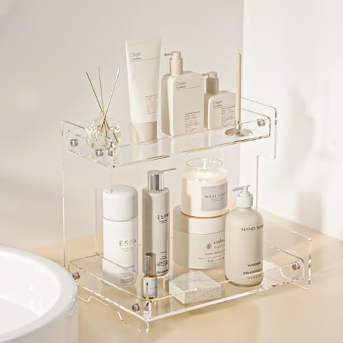 Bathroom Counter Organizer Countertop 2 Tier Storage Acrylic Corner Makeup Organizer for Perfume Stand, Vanity Holder, Dresser Tray, Spice Rack, Skincare, Coffee Bar, Room Decor (Clear) | Amazon (US)