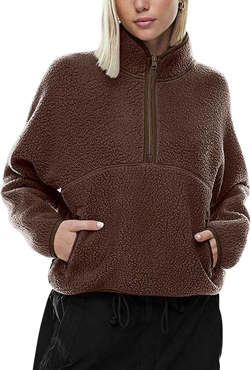 LASLULU Womens Half Zip Pullover Cropped Sweatshirts Sherpa Fleece Jacket Fuzzy Sweaters Cute Win... | Amazon (US)