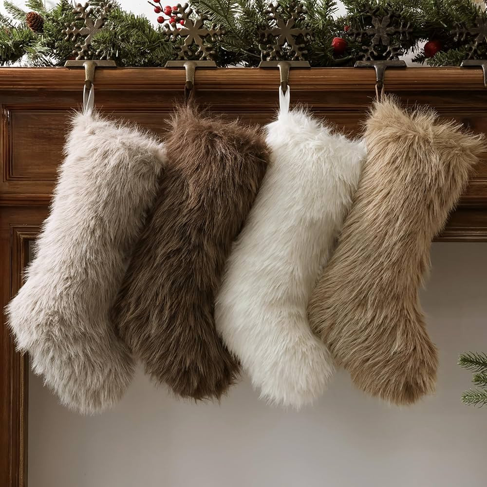 Christmas Stockings, 4 Pcs 18 Inch Neutral Luxury Thick Plush Faux Fur Stocking, 4 Neutral Colors... | Amazon (US)