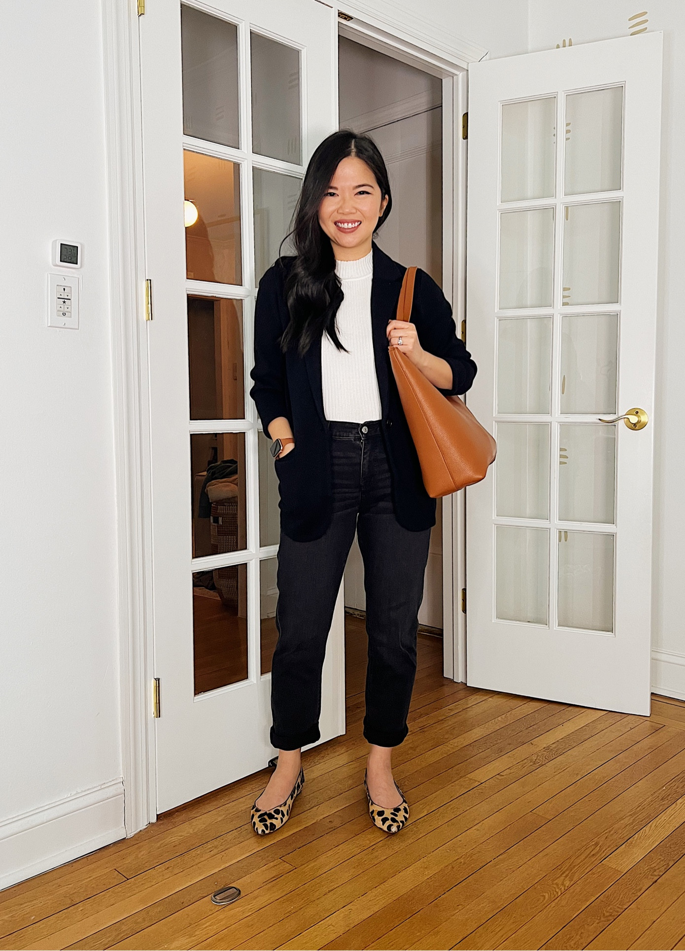 Black sweater blazer (XXS)
J.Crew sweater blazer
White mock neck top (S)
White sleeveless sweater
Black jeans (27P)
Black girlfriend jeans
Brown tote bag
Leopard flats
Business casual outfit
Smart casual outfit
Work outfit
Neutral outfit
Mom outfit
Teacher outfit

#LTKstyletip #LTKunder50 #LTKFind