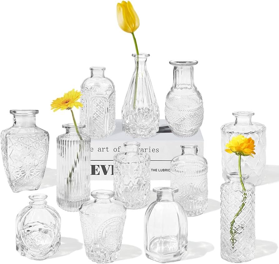12 Glass Bud Vases Set,Clear Bud Vases in Bulk,Small Vases for Centerpieces,Mini Vintage Vase for... | Amazon (US)