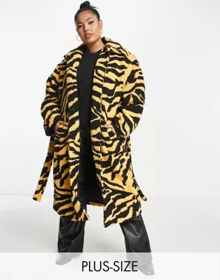 Pieces Curve exclusive longline belted teddy coat in yellow tiger print | ASOS (Global)