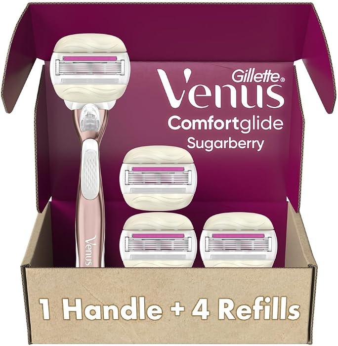 Gillette Venus Razor for Women, ComfortGlide plus Olay Sugarberry, Rose Gold Metal Handle + 4 Blade Refills, 5-Blade Razor Cartridges, Moisture Bars | Amazon (US)