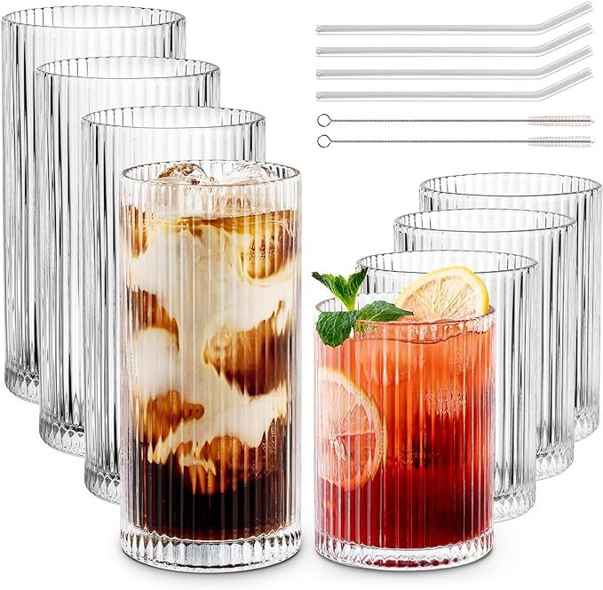 Combler Cocktail Glasses Drinking Set of 8, 4pcs Collins Glass Cups with Straw 12oz & 4pcs Rocks ... | Amazon (US)