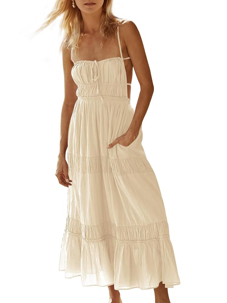 Wenrine Womens Summer Beach Dresses Backless Spaghetti Straps Self Tie Tiered Flowy Casual Maxi D... | Amazon (US)