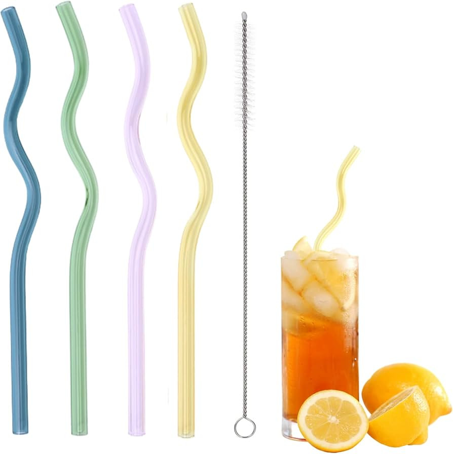 4 PCS Reusable Glass Straws,8mm Wavy Glass Drinking Straws with Cleaning Brush Colorful Drinking ... | Amazon (UK)