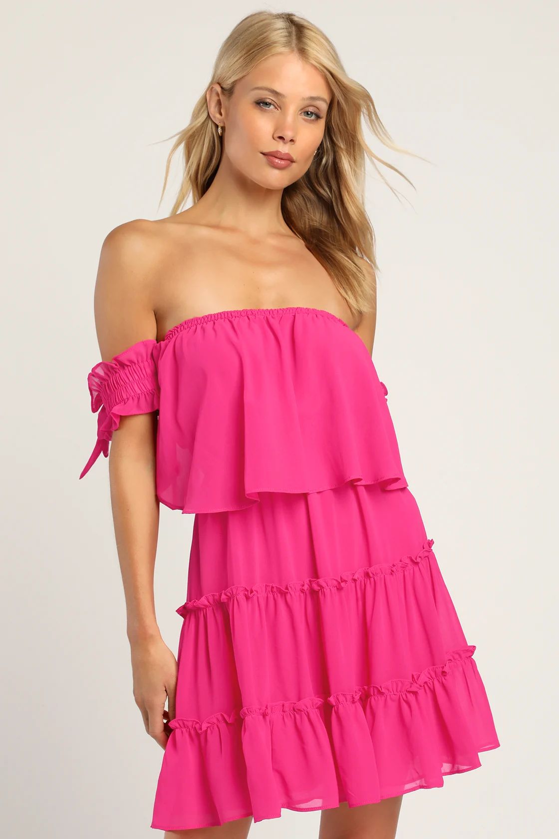 Tiers to My Heart Hot Pink Off-the-Shoulder Ruffled Mini Dress | Lulus (US)