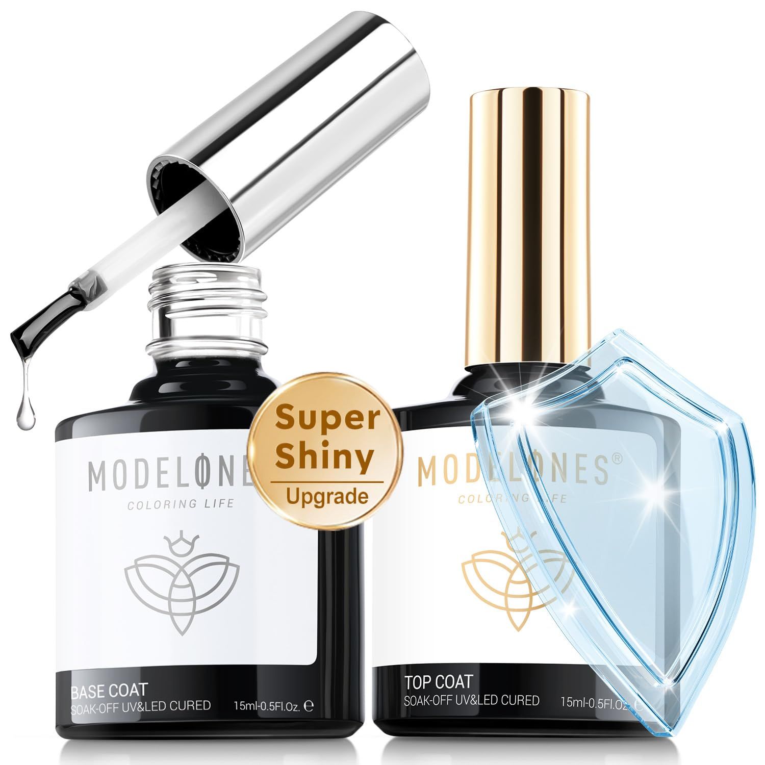 modelones 2024 Upgrade Super Shiny Gel Top Coat, 15ml No Wipe Clear Glossy Gel Base and Top Coat ... | Amazon (US)