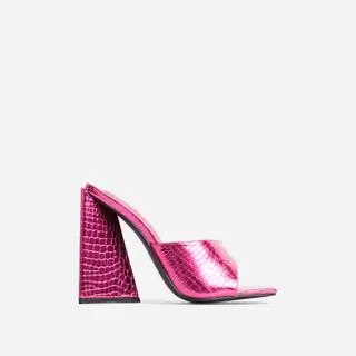 Avalon Square Peep Toe Sculptured Flared Block Heel Mule In Pink Metallic Croc Print | Ego Shoes (UK)