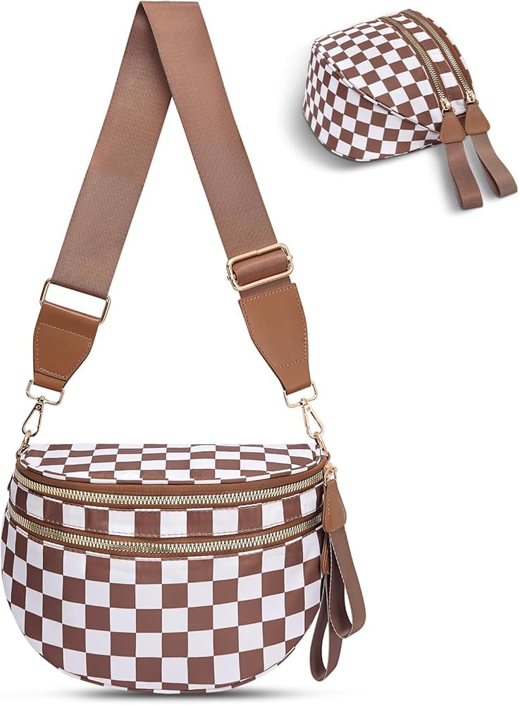 Checkered Crossbody Bag,Nylon Bum Bags for Women Crossbody,Spacious Sling Bag Purse Fanny Packs w... | Amazon (US)