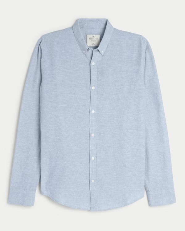 Long-Sleeve Linen Blend Button-Through Shirt | Hollister (US)
