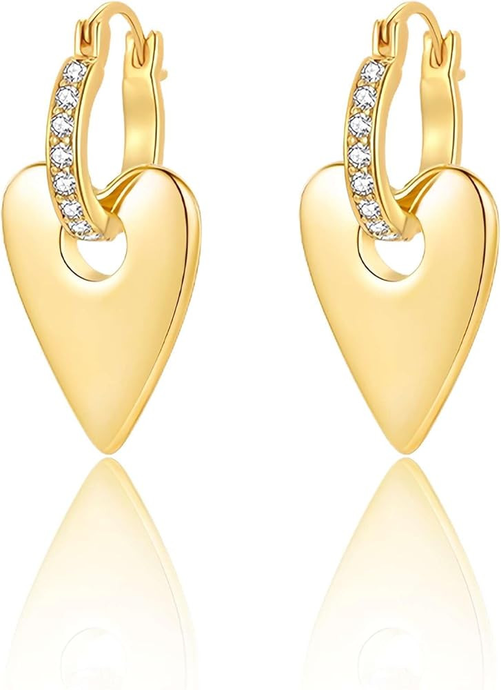 14K Gold Plated Huggie with Dangle, Hypoallergenic Heart Drop Earrings for Women, Gift for Mom Wi... | Amazon (US)