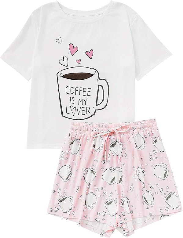 Women's Cute Cartoon Print Tee and Shorts Pajama Set | Amazon (US)