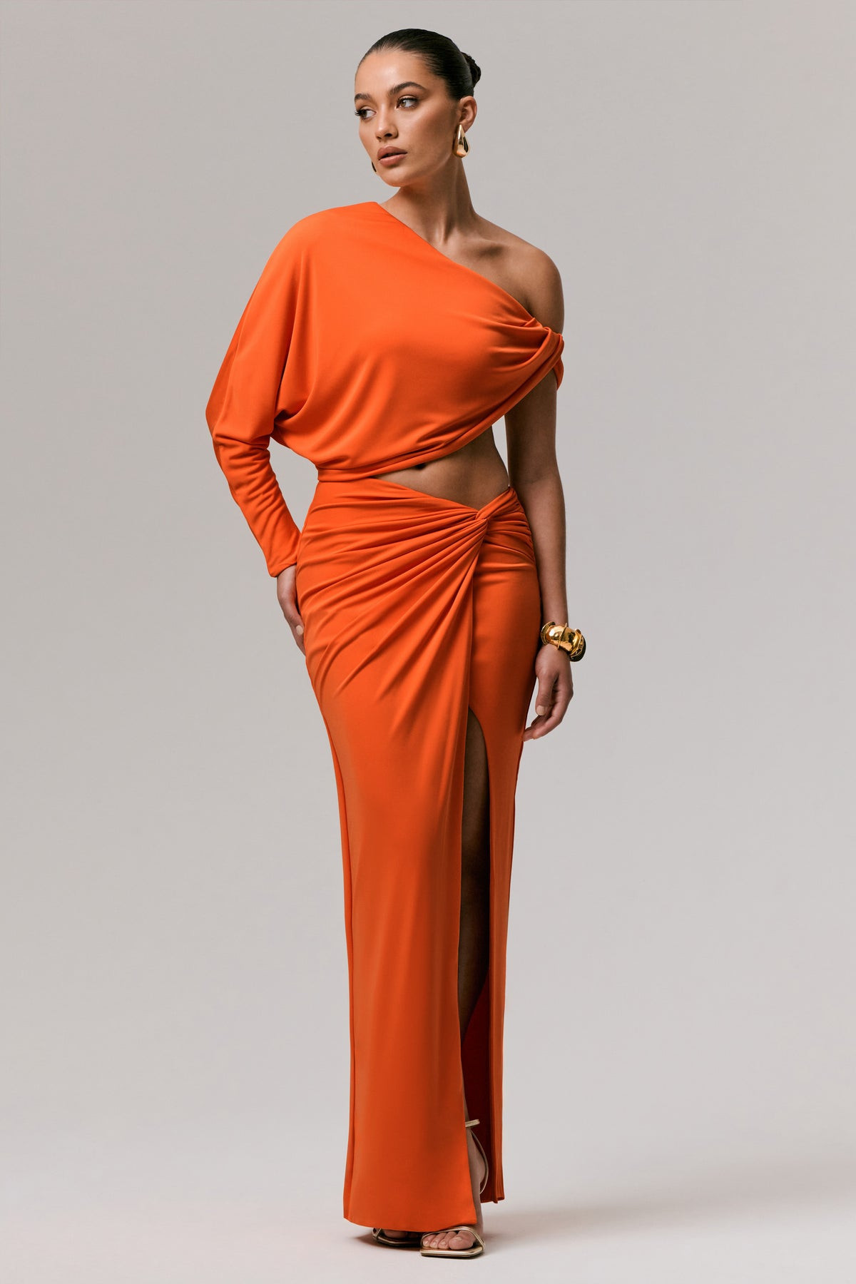 Dua  Orange Asymmetric One-Sleeve Draped Top | Club L London