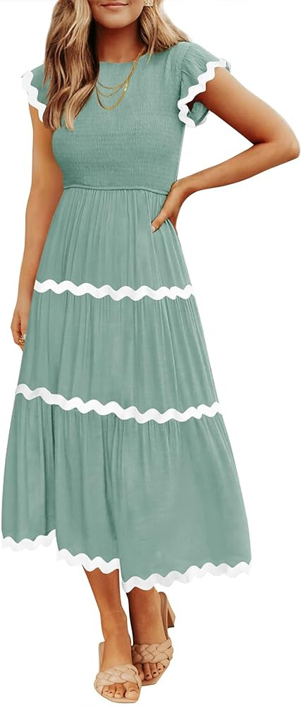 ZESICA Womens Summer Casual Smocked Midi Dress 2026 Flutter Short Sleeve High Waist Tiered Flowy ... | Amazon (US)