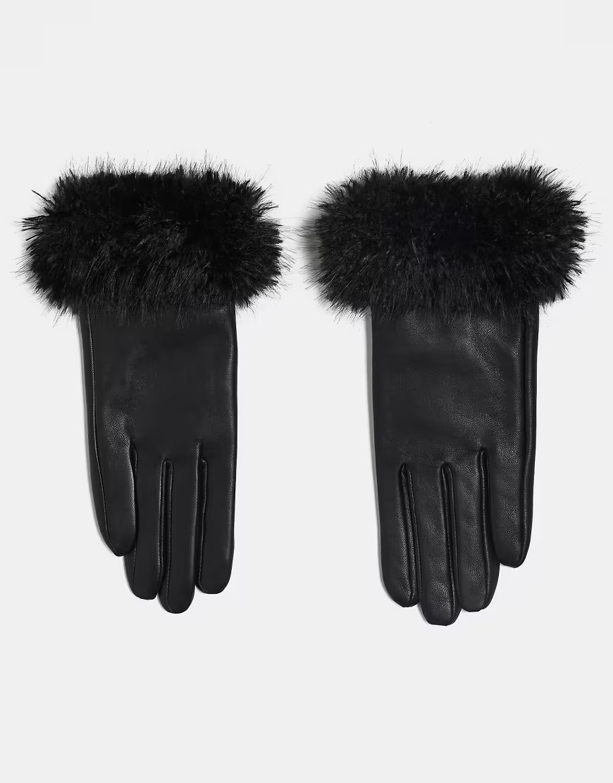 ASOS DESIGN leather gloves with faux mongolian fur trim in black | ASOS (Global)