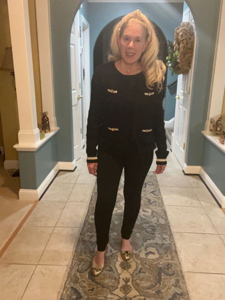 Capturing Chanel vibes without breaking the bank.
.
A simple black cardigan with gold tone accents pairs, perfectly with black Ponte pants. Adding a point toe Gold square heel pump to finish the look.
.
Good style is always in style .


#LTKover40 #LTKstyletip #LTKworkwear