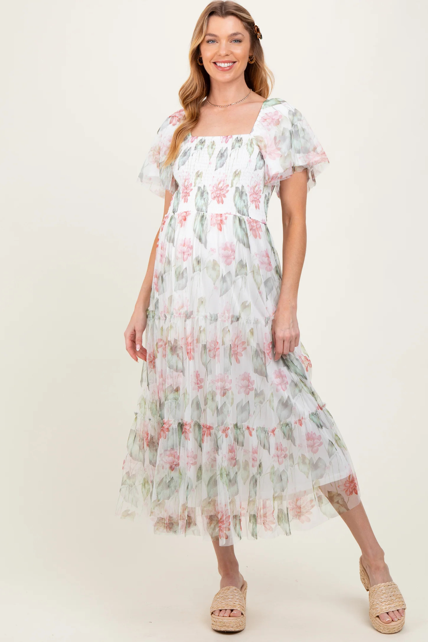 Ivory Floral Mesh Smocked Maternity Midi Dress | PinkBlush Maternity