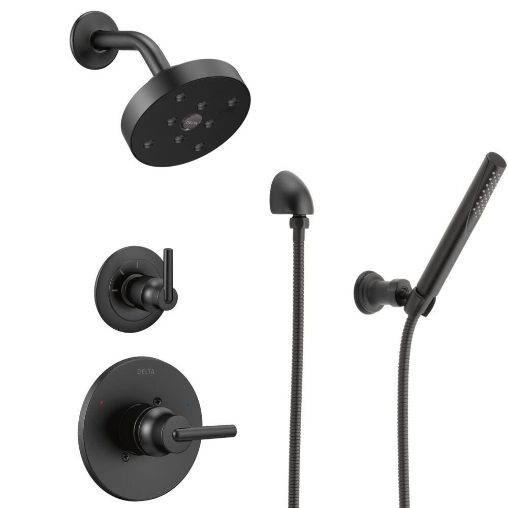 Delta Trinsic 3-Setting Matte Black Shower System with Shower Head, Handheld Shower, Handle, Diverter, Valve, and Trim Kit | Lowe's