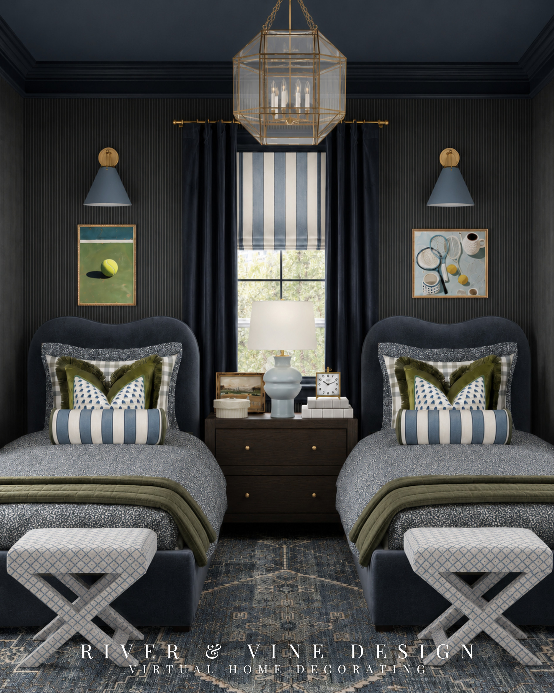 A tennis-themed twin bedroom can feel playful without feeling childish.

The reason this works is the palette. Dark walls, navy curtains, blue bedding, olive green accents, brass lighting, and tailored benches create a strong foundation. The tennis details feel intentional because they are layered into an already polished room.

This is a great example of using a theme as inspiration, not decoration overload.

Design takeaway: choose 2–3 main colors and repeat them throughout the room. A tight palette makes even playful details feel elevated.

twin bedroom ideas, tennis bedroom decor, girls bedroom inspiration, kids room design, navy bedroom, blue and green bedroom.

Disclosure: I may receive a commission from qualifying purchases. 

 #LTKHome