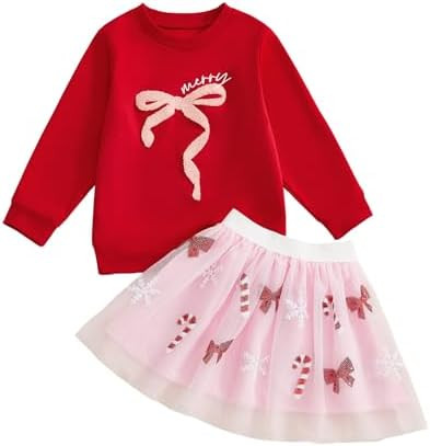 Dcohmch Toddler Girl Christmas Outfit Bow Embroidery Long Sleeve Sweatshirt Sequin Candy Tulle Sk... | Amazon (US)