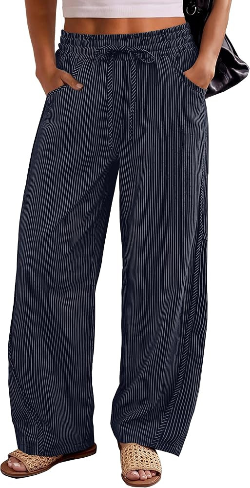 ANRABESS Womens Striped Barrel Casual Pants 2026 Trendy Summer Elastic Drawstring Baggy Lounge Wi... | Amazon (US)