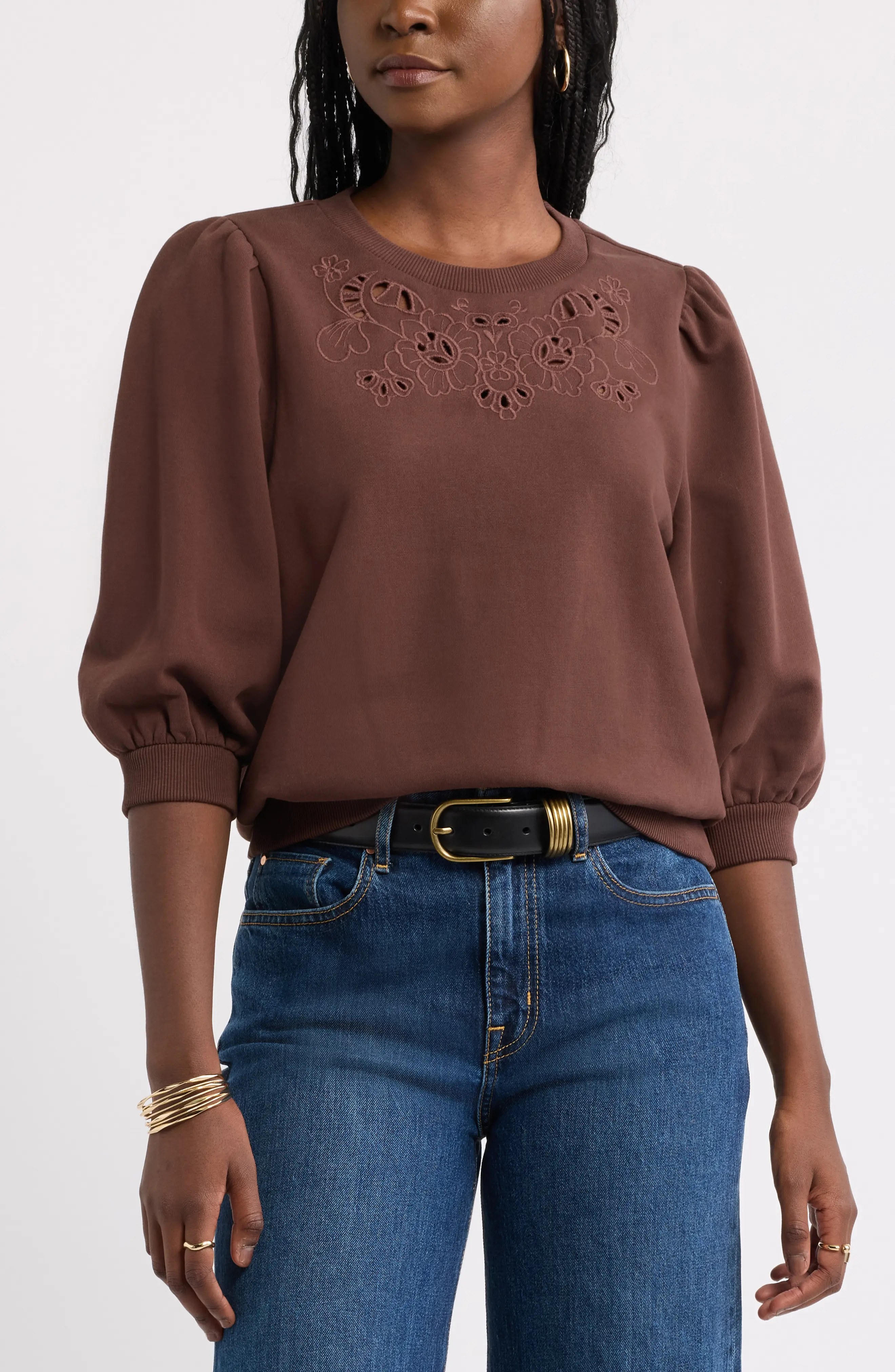 Treasure & Bond Cutwork Eyelet Sweatshirt in Ivory Egret at Nordstrom, Size X-Large | Nordstrom