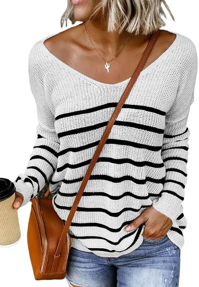 Dokotoo Womens 2024 Spring Fall Color Block Stripes V-Neck Long Sleeve Knit Casual Tops Tunic Pul... | Amazon (US)