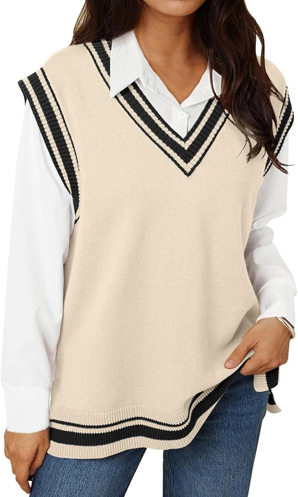 LILLUSORY Women V Neck Sweater Vest Color Block Loose Knit Pullover Casual Vest Tops 2024 Trendy | Amazon (US)