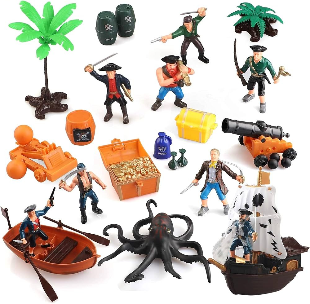kramow Pirate Action Figures Play Set,Educational Toys Bucket of Pirate Toy with Boat,Treasure Ch... | Amazon (US)