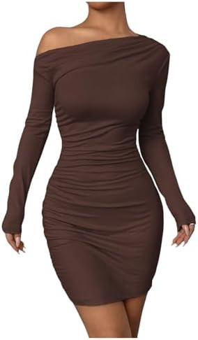 SOLY HUX Women's Ruched Bodycon Mini Dress Off The Shoulder Long Sleeve Fall Dresses | Amazon (US)