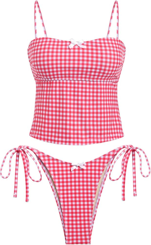 seamoly Gingham Cinched Back Bow Decor Tie Side Tankini Set | Amazon (US)