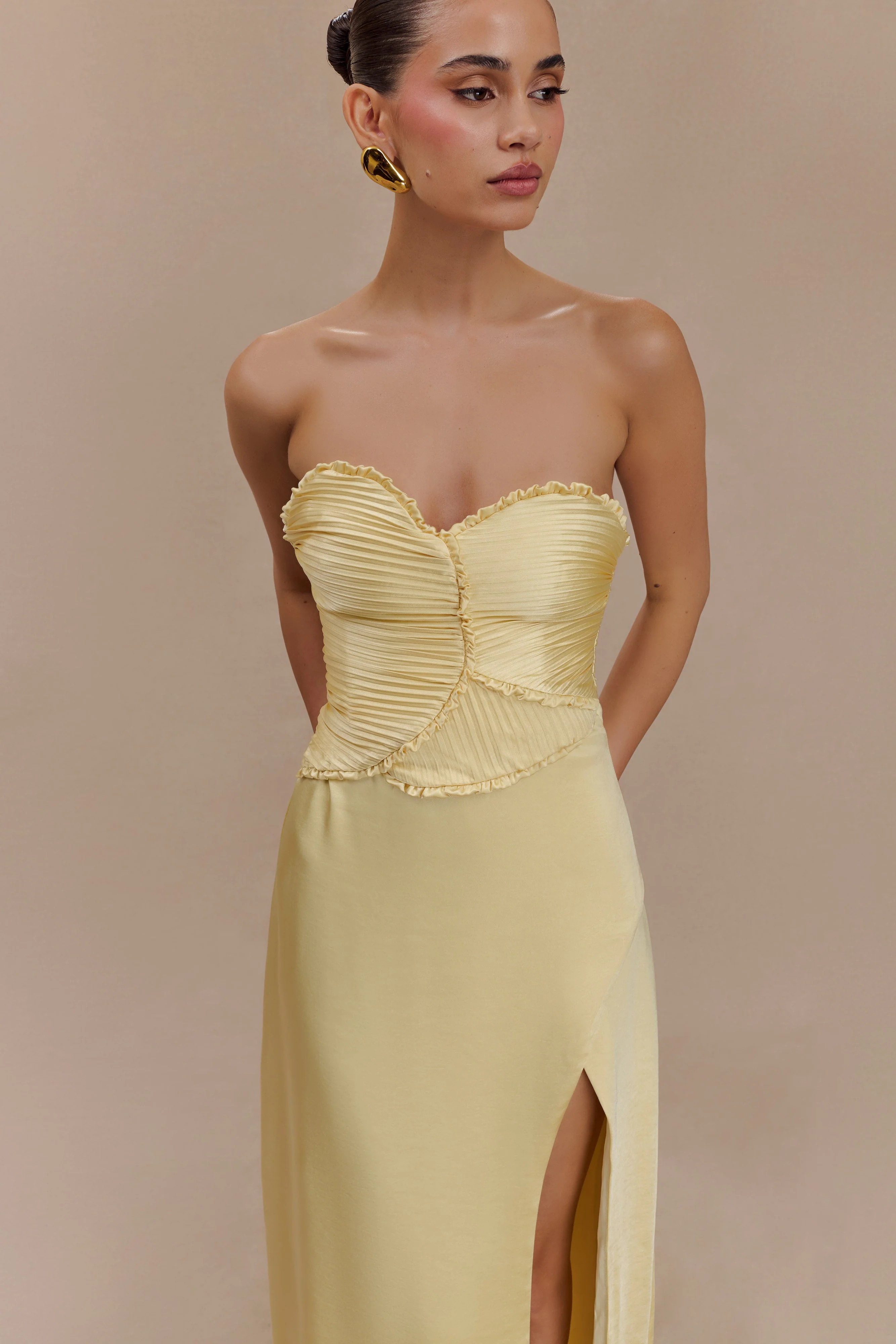Satin Maxi Dress With Ruched Petals - Lemon | MESHKI US