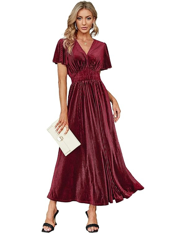 Simplee Women’s V Neck Velvet Maxi Dress Short Sleeve Empire Waist Long Formal Dress for Weddin... | Amazon (US)