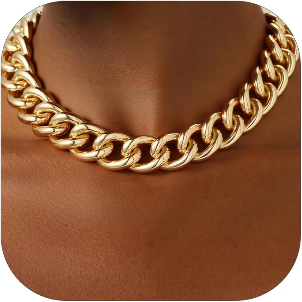 FOCALOOK Chunky Gold Necklace for Women, 14K Gold Plated Thick Cuban Link Chain Womens Choker Nec... | Amazon (US)