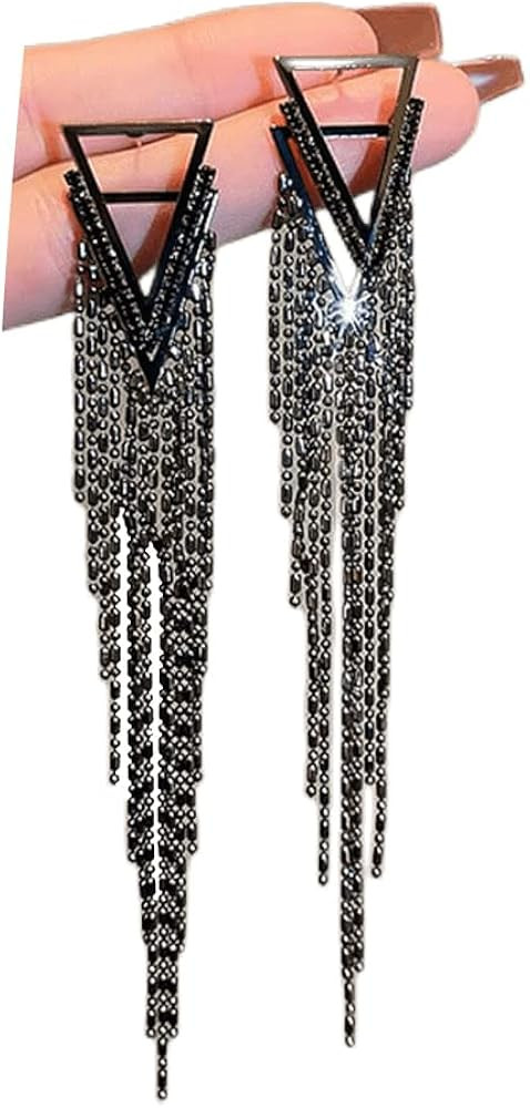 Black Rhinestone Long Tassel Earrings for women.Crystal Chandelier Fringe Drop Earrings Zircon St... | Amazon (US)