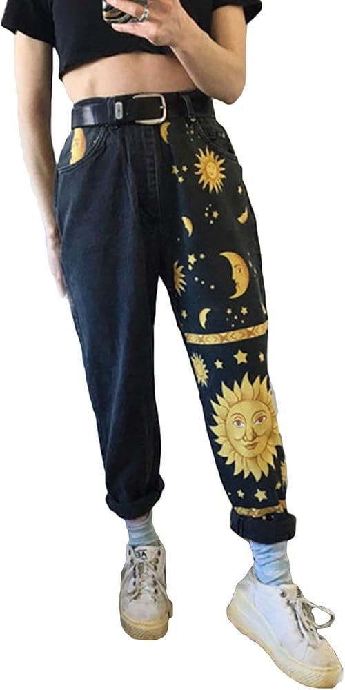 Women's Straight Loose Jeans Stars Moon Sun Printed High Waist Trousers with Pockets | Amazon (US)