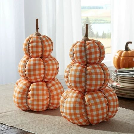 Way to Celebrate Harvest Plaid Orange/White Pumpkin stacked 12.5”, 2 Count | Walmart (US)