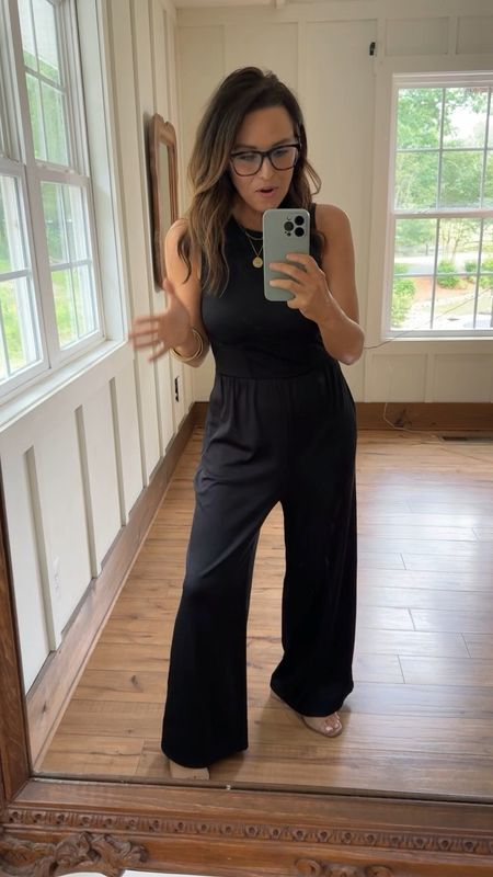 Amazon black jumpsuit! So comfy, and would be perfect for travel but could also dress it up with cute heels! I’m wearing a size small! 