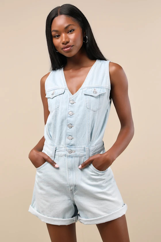 Vest Light Wash Button-Front Denim Romper | Lulus